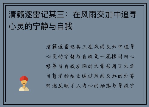 清籁逐雷记其三:在风雨交加中追寻心灵的宁静与自我 清籁逐雷记其三:在风雨交加中追寻心灵的宁静与自我